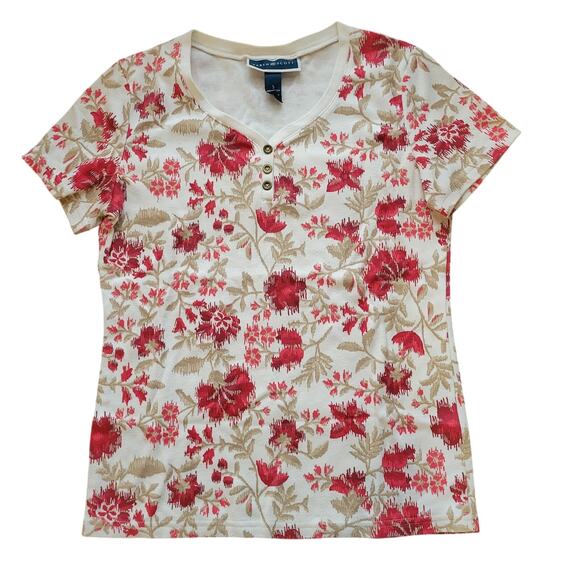 Karen Scott White and Red Floral Short Sleeve Top - Small - Picture 1 of 4